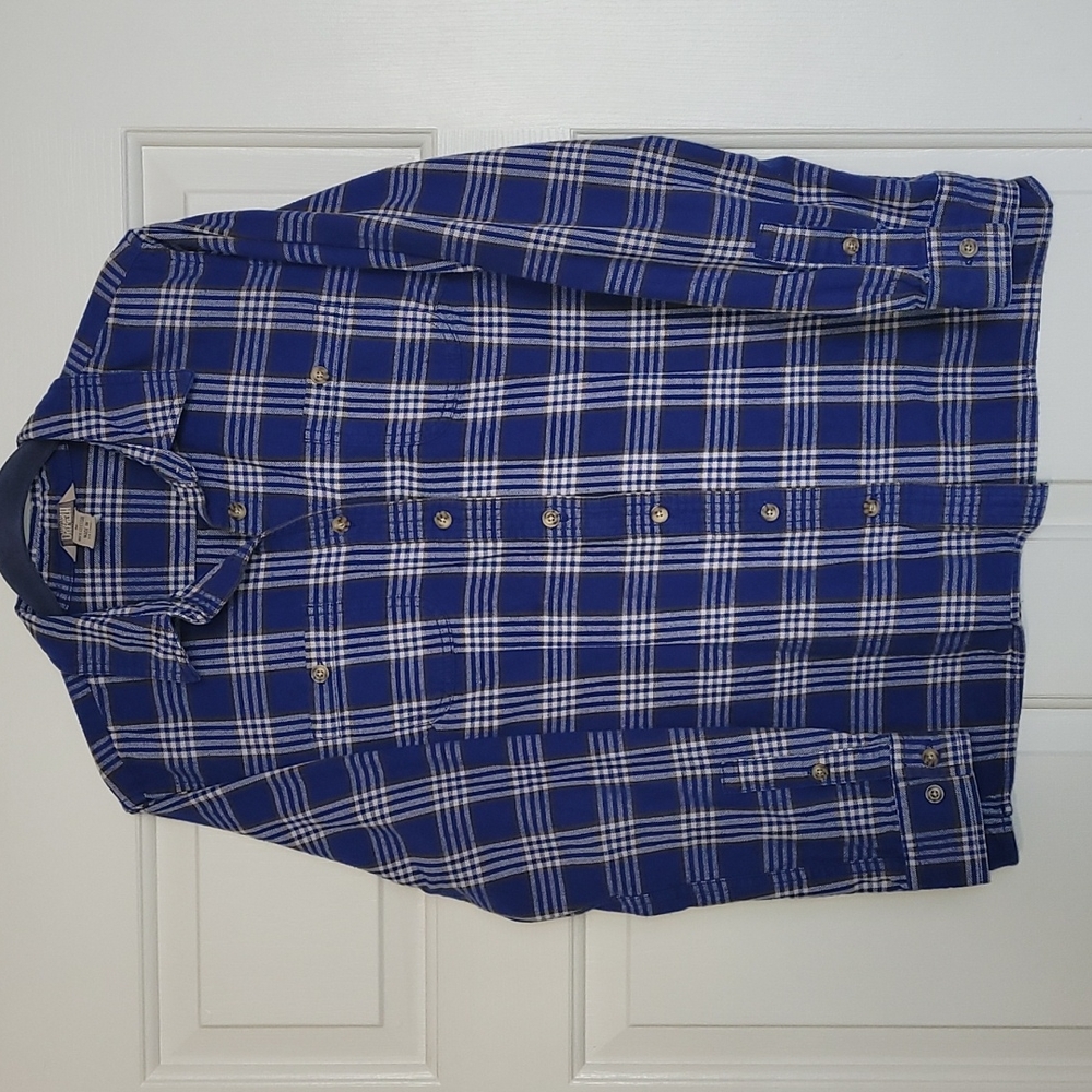 Duluth Trading Co. Blue White Free Swinging 100% Cotton Plaid Casual Long Sleeve